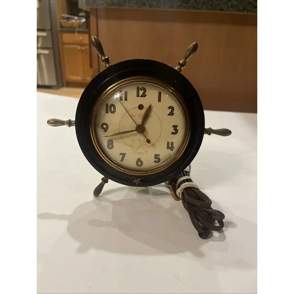 Vintage General Electric Tabletop Clock Brass Ship Wheel Clock Model #3H98 WORKS
